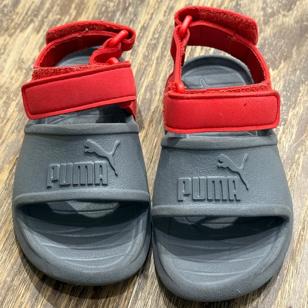 Puma Kids Red and Gray Slides with straps